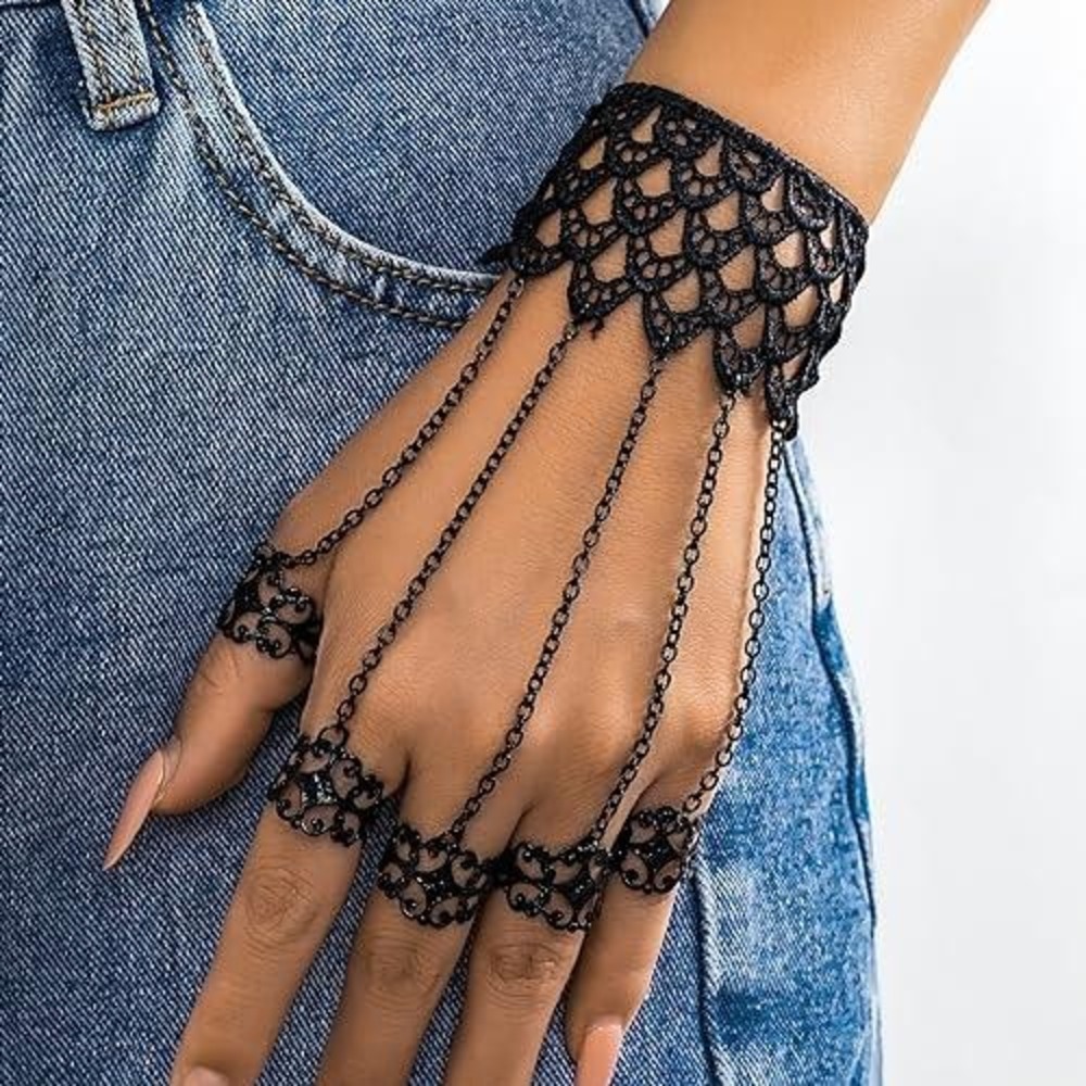 Black Lace Hand Harness Bracelet with Rings Gothic Steampunk Statement Jewelry
